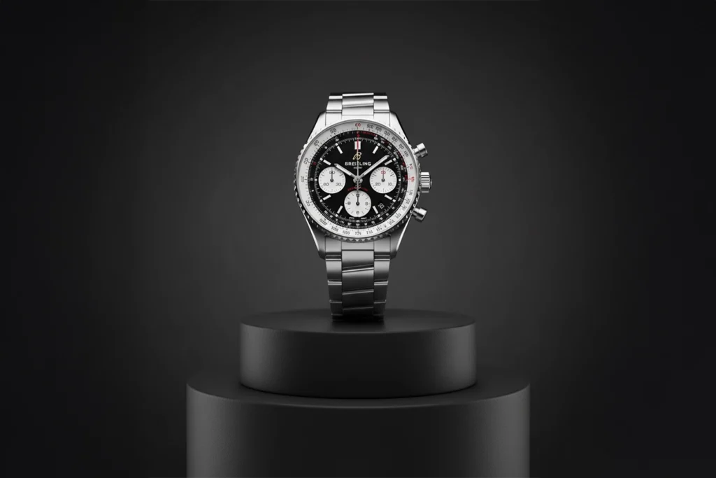 Breitling Navitimer luxury watch branding image created by REEL Works — high-end product photography showcasing precision, craftsmanship, and timeless design.