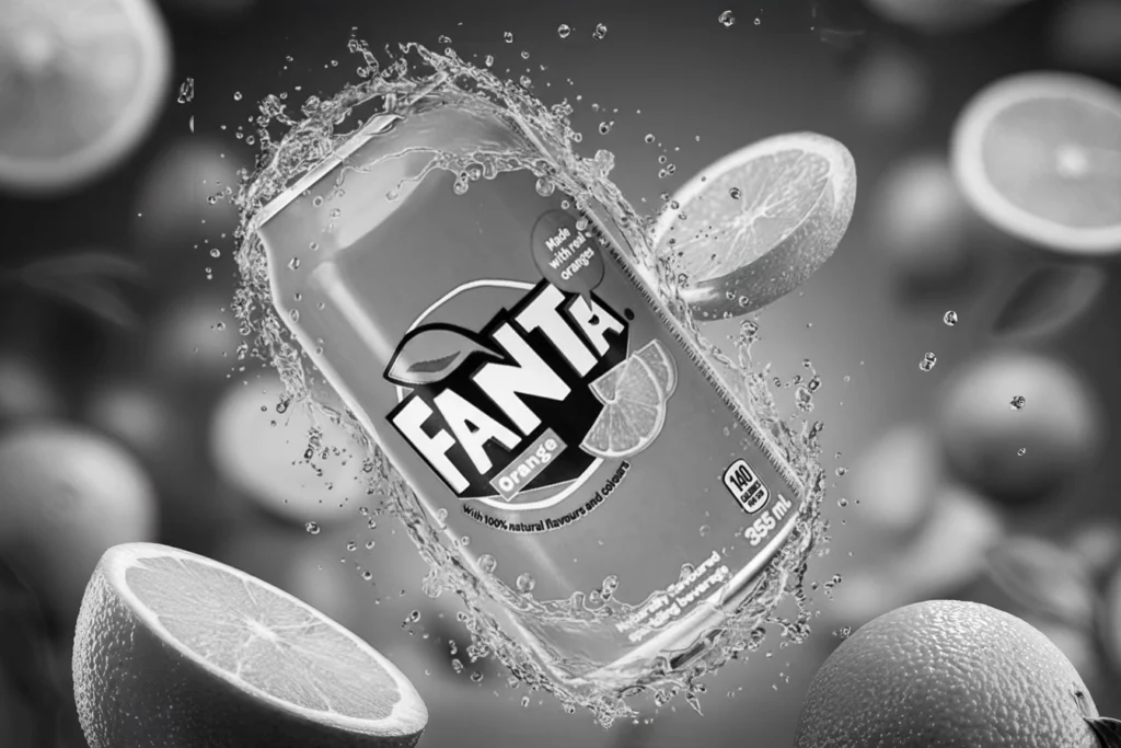 Fanta Orange soda branding image created by REEL Works — high-end product photography with dynamic splash, fresh oranges, and vibrant summer energy.