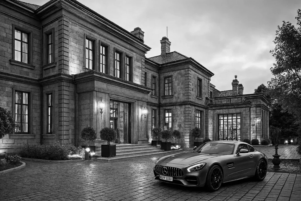 Luxury modern house branding visual created by REEL Works — high-end architectural photography with cinematic lighting, elegant design, and premium real estate presentation.