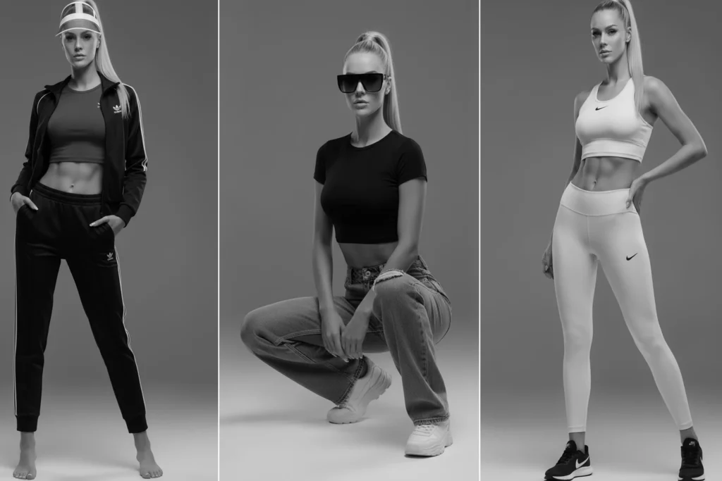 Editorial fashion models wearing athleisure outfits photographed in a professional studio