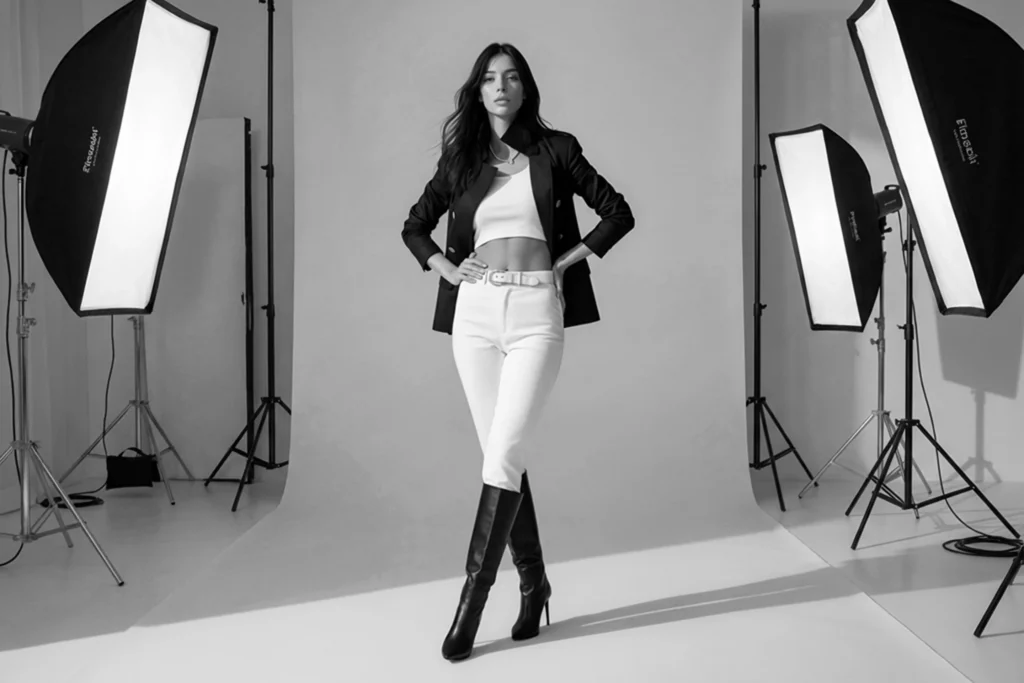 Fashion model in a professional studio with softbox lighting and white seamless background